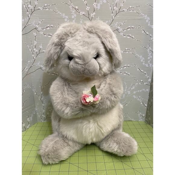 Vintage 1992 Gund Gray Bunny Rabbit Plush 16” Stuffed Animal Holding Flowers - Picture 1 of 11